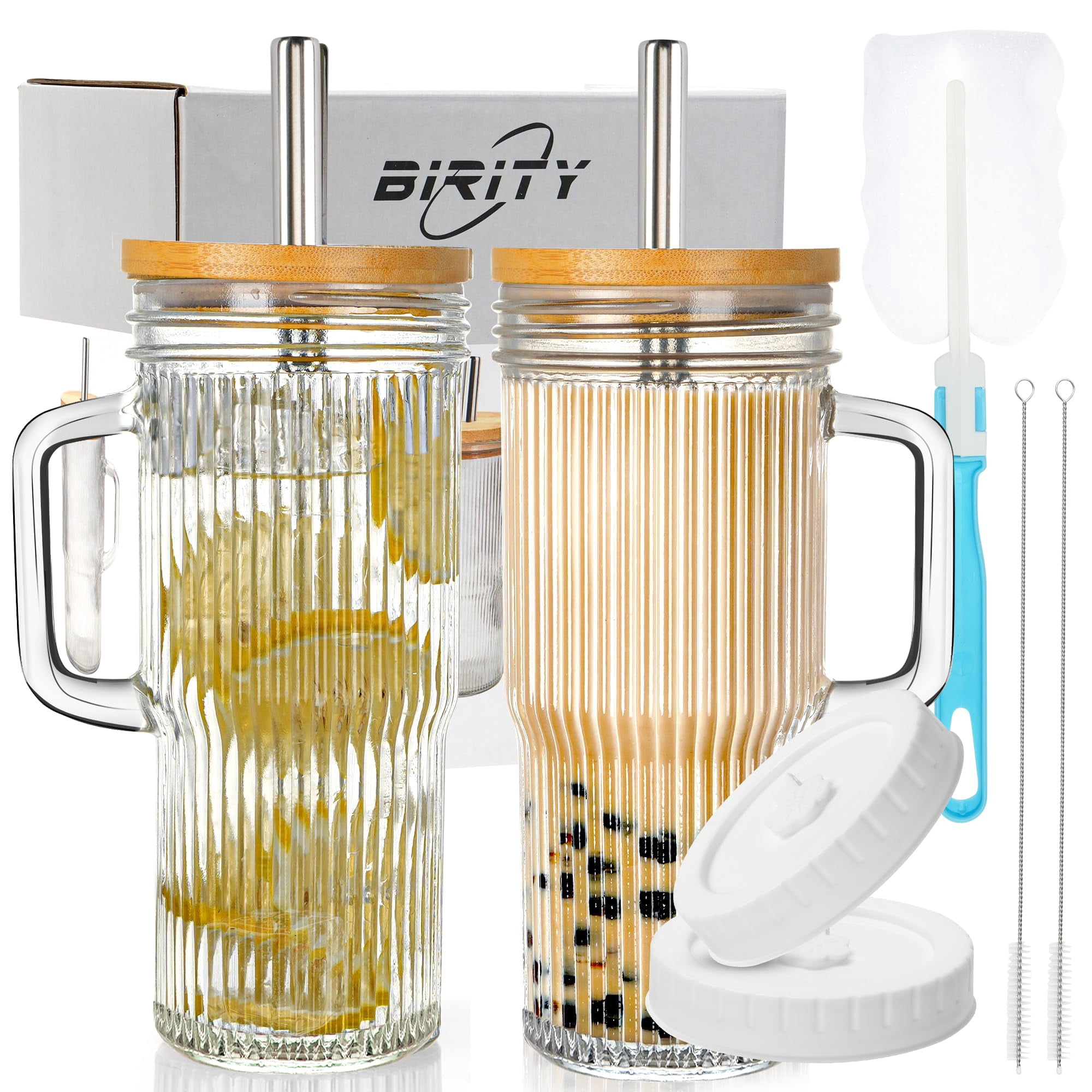 Vaso De Vidrio Birity Acanalado De 700 Ml Con Tapas, Paquete De 2 Pajitas Con Asa