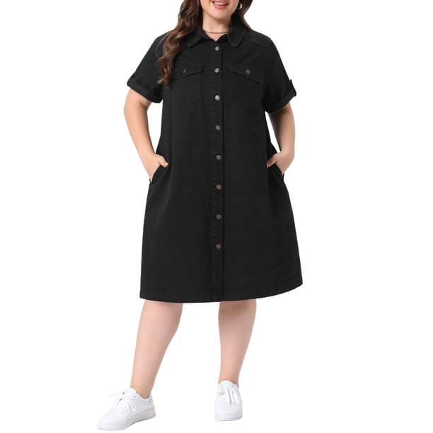 Vestidos de Mezclilla para Mujer de Talla Grande Agnes Orinda con Botones, Solapa, Manga Corta, Midi, Verano, Casual, Camisa de Mezclilla con Bolsillos 4X Negro