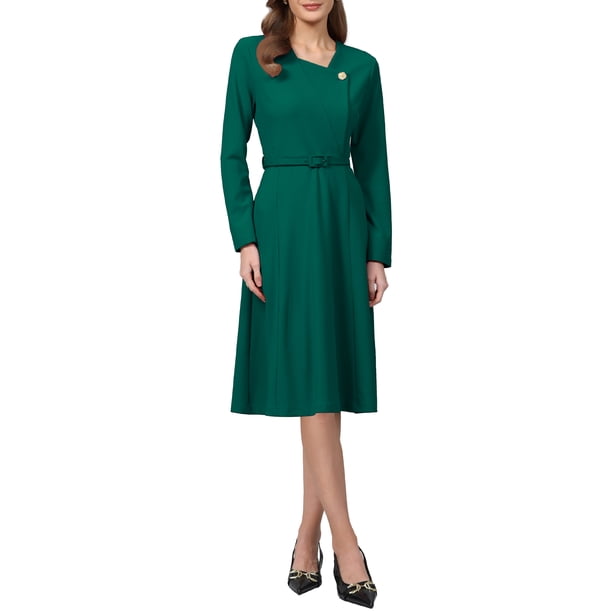 INSPIRE CHIC Vestido de Trabajo de Línea A para Mujer con Cuello de Solapa en V, Manga Larga, Ajuste Elegante y Vestido Acampanado con Cinturón M Azul Pavo Real