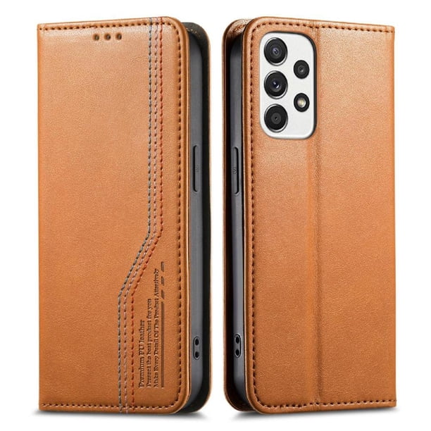 Funda tipo cartera para Samsung Galaxy A53 5G de piel con cierre magnético, ranuras para tarjetas y correa para la muñeca Marrón