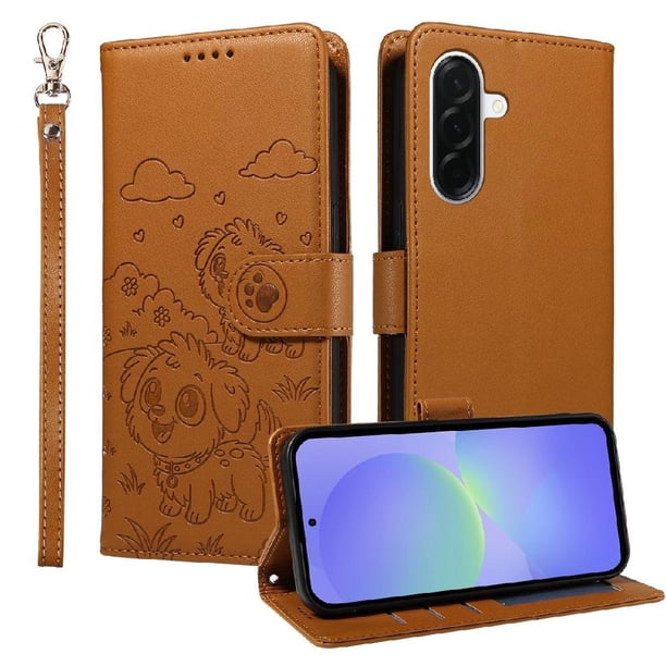 Funda Cartera para Samsung Galaxy A37 Perro Cachorro Grabado con Tarjetas Soporte Correa Marrón