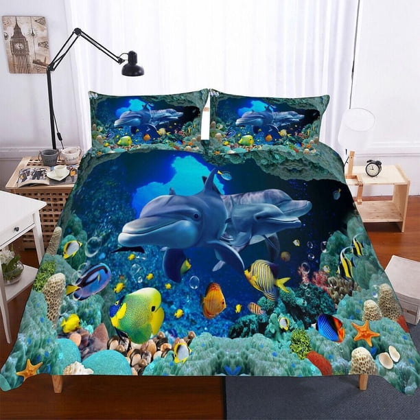 Ocean Dolphin Fish Quilt Duvet Cover Set Bed Linen Bedroom Decor Pillowcase Kids3-Piece Bedding Set