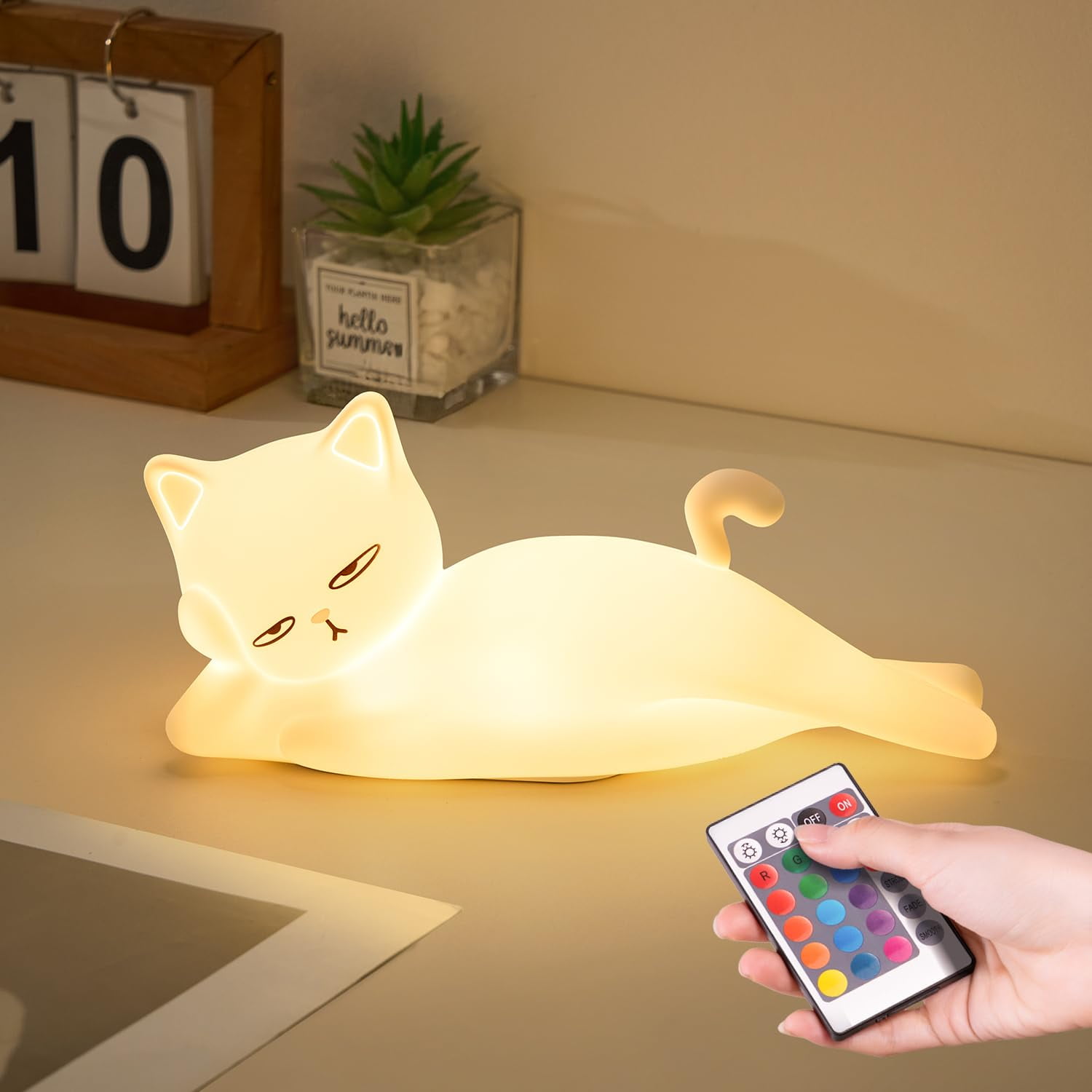 Lámpara Nocturna De Gato Mubarek, 16 Colores, Con Control Remoto Y Recargable