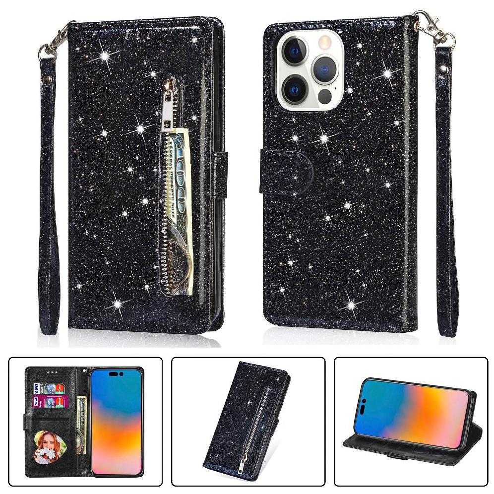 Foxdock - Funda Para Elegante Funda Iphone 14 Pro Glitter Con Cremallera-Ideal Para El Uso Diario