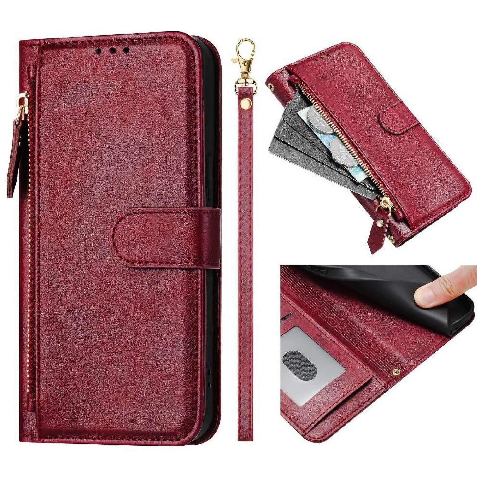 Foxdock - Funda Tipo Billetera Para Xiaomi 14t Con Cremallera Portatarjetas Soporte Correa De Muñeca Cuero Rojo