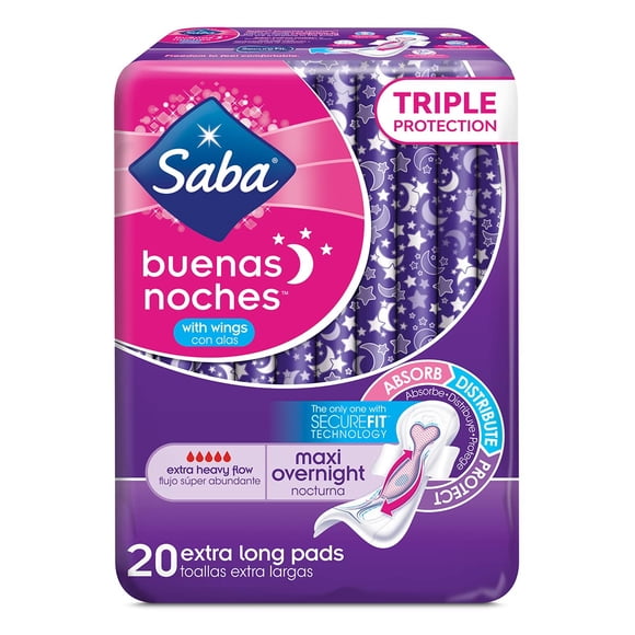 Overnight Maxi Pads Saba Buenas Noches, 60 almohadillas, 120 unidades
