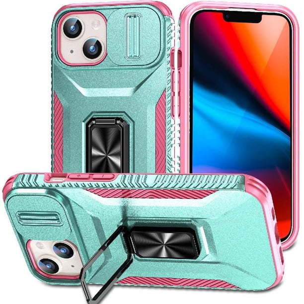 Funda Armada para iPhone 15 con Tapa Deslizante y Soporte Magnético Giratorio Verde