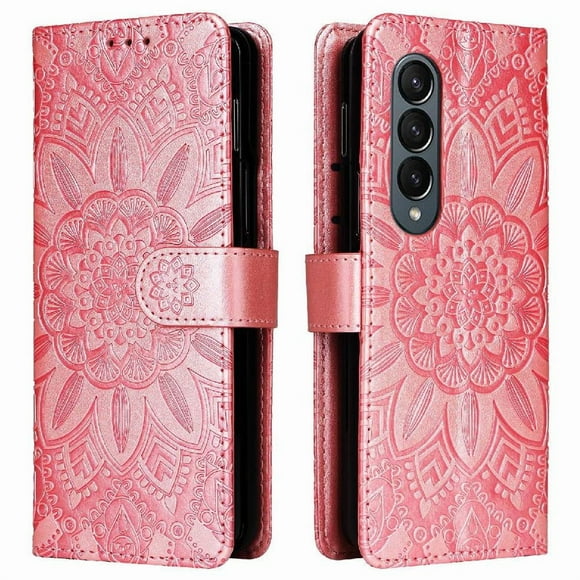 Funda tipo cartera FOXDOCK para Samsung Galaxy Z Fold 4 , diseño girasol en relieve, cuero PU, cierre magnético, soporte y tarjetero