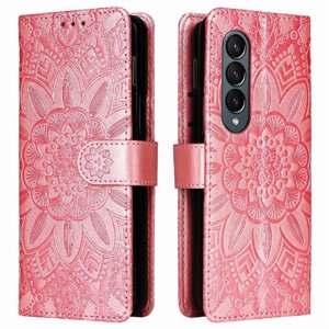 Funda Tipo Cartera Foxdock Para Samsung Galaxy Z Fold 4 , Diseño Girasol En Relieve, Cuero Pu, Cierre Magnético, Soporte Y Tarjetero
