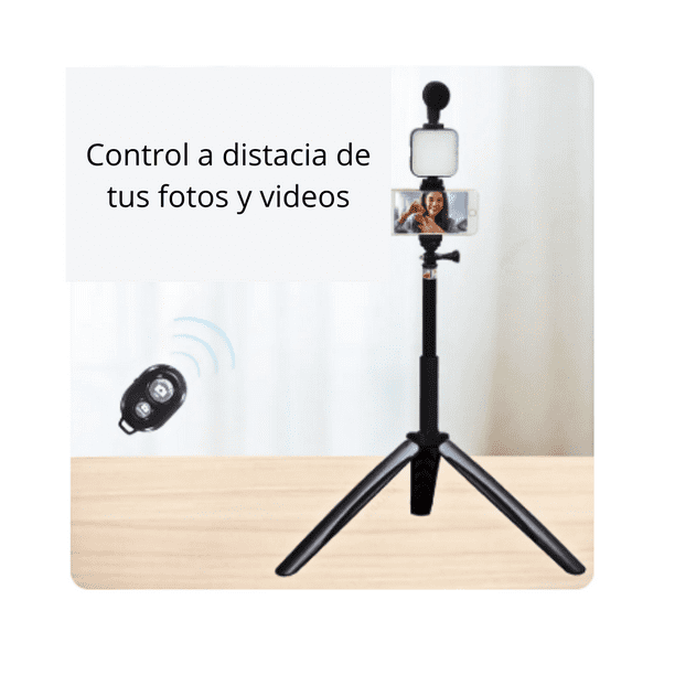 Soporte Celular Videos Palo Selfie Tripode Microfono Luz Led Lider