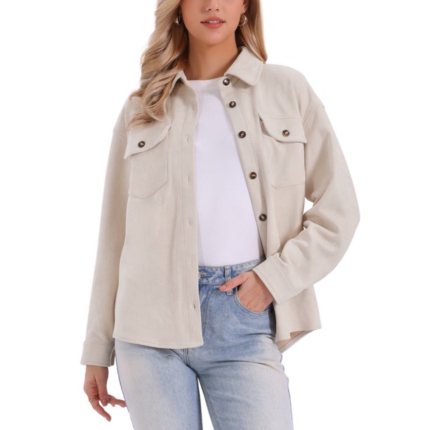 INSPIRE CHIC Abrigo de Mujer Imitación de Gamuza Cuello Abierto Manga Larga Camisa Casual con Botones Chaqueta Talla L Color Albaricoque
