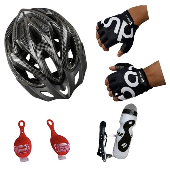 Set Casco ciclismo Adulto+ Guantes+ Luz+Botella+Caramagiola