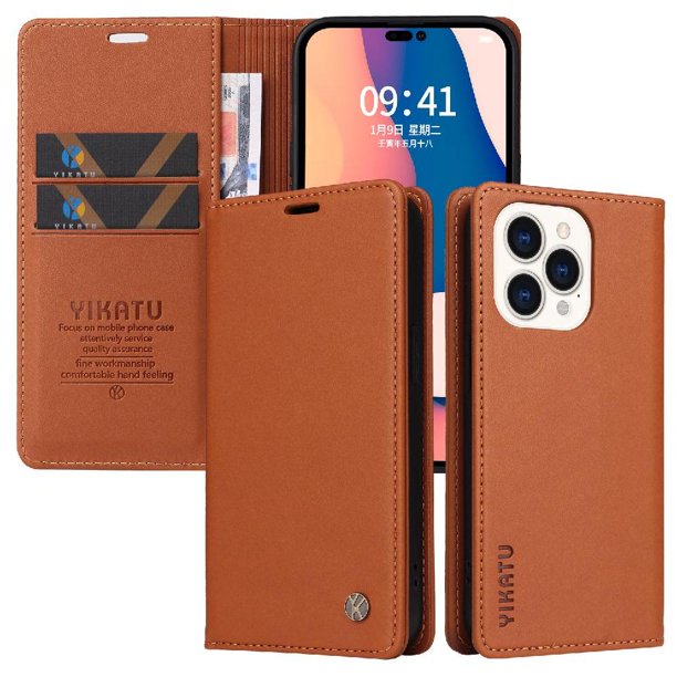 Funda Billetera de Cuero para iPhone 14 Pro con Tarjetero y Soporte - Tapa Magnética Marrón