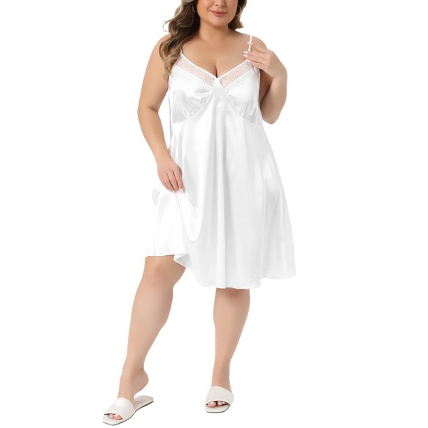 Agnes Orinda Conjuntos de Halloween Ropa interior de talla grande para mujer Camisón de encaje floral de satén Escote en V Camisón Ropa de dormir Vestidos para dormir 3X Blanco