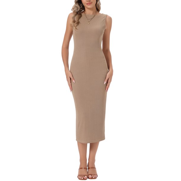 INSPIRE CHIC Vestido acanalado para mujeres con cuello barco sin mangas ajustado Bodycon Midi Vestidos XL Caqui