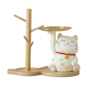 Bothyi - Resina Lucky Fortune Cat Estatua Bandeja Para Llaves Tazón Para Llaves Sentado Estante De Madera