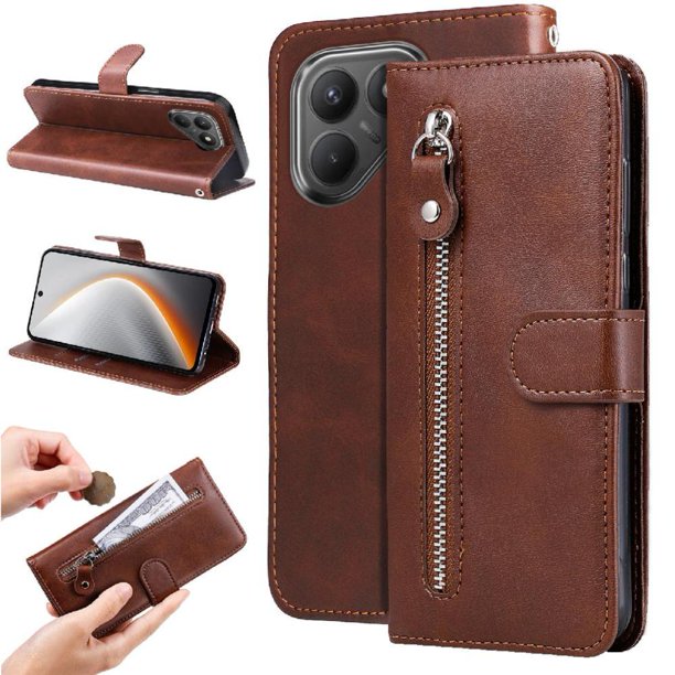 Funda tipo cartera para Tecno Pova 7 con bolsillo con cremallera y ranuras para tarjetas – Función de soporte Marrón