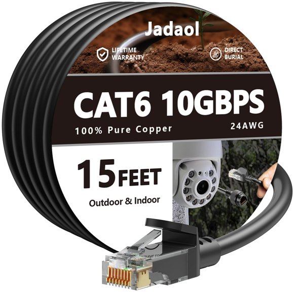 Cable Ethernet Jadaol Cat 6 de 15 pies para exterior/interior, 10 Gbps, negro