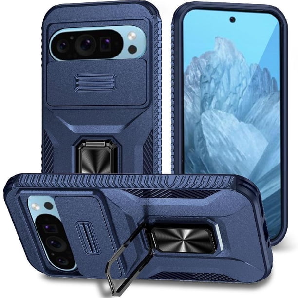 Funda Armada para Google Pixel 9 con Tapa Deslizante y Soporte Magnético Giratorio Azul