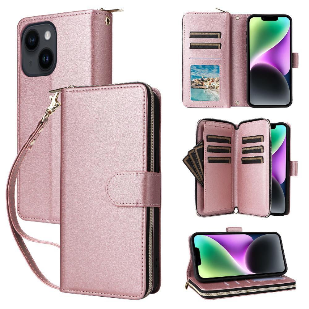 Foxdock - Funda Cartera Con Cremallera Y Correa Para Iphone 14 Soporte Y Tarjetero Oro Rosa