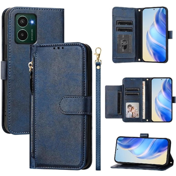 Funda para HMD Pulse con cremallera tipo cartera, tarjetero, marco de fotos, soporte y cordón, de piel sintética. azul