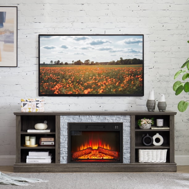 Large TV Desk Storage Rack with Faux Stacked Stone Surround,Media Console Table with Large Storage Cabinet,Modern TV Stand with 23" Fireplace Insert,GREY, 70.12"W*15.35"D*25.83"H