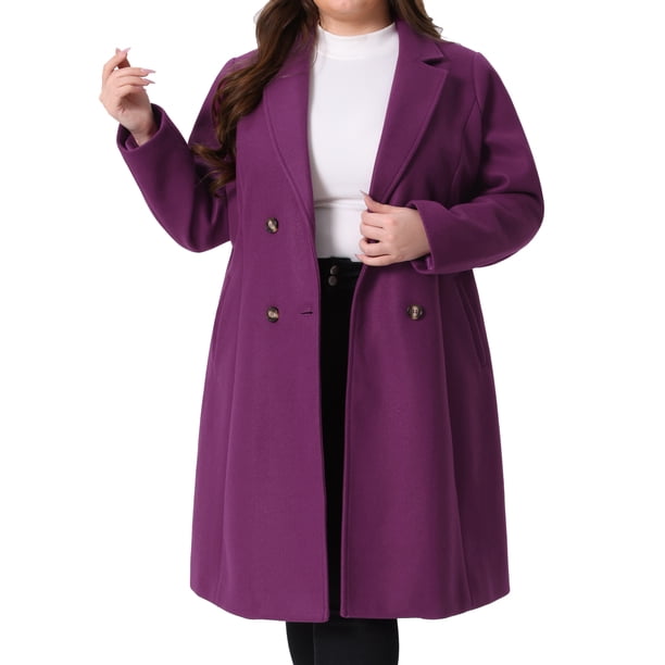 Abrigos largos de mujer talla grande de Agnes Orinda con solapa con muescas, abrigo de invierno de doble botonadura con bolsillos 2X púrpura