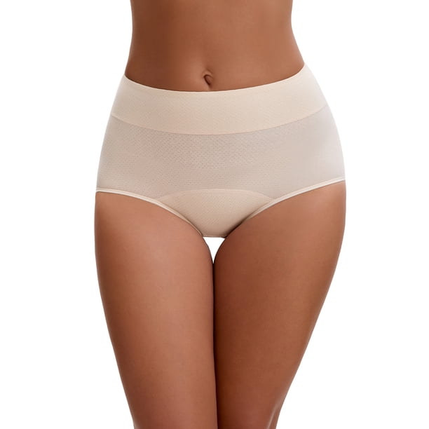 INSPIRE CHIC Bragas a prueba de fugas Regreso a clases para mujeres Algodón Cintura alta Cinturilla elástica Cobertura total Control de abdomen Ropa interior L Beige