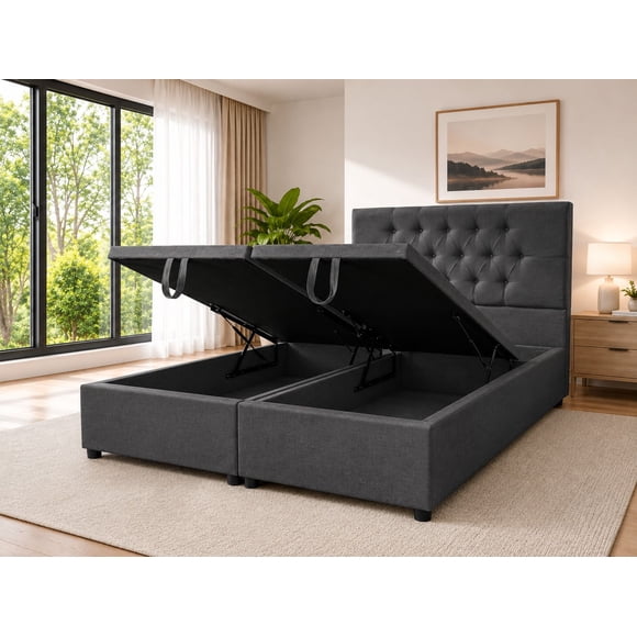 Cama Baul King Capitone Onyx Con Sistema Hidráulico Gris Oscuro