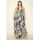 thumbnail image 1 of Vestido Largo Con Cuello Halter Estampado De Satén Arrugado Volantes Fruncido En La Cintura Y Abertura Frontal Negro (talla Grande Para Mujer), 1 of 4