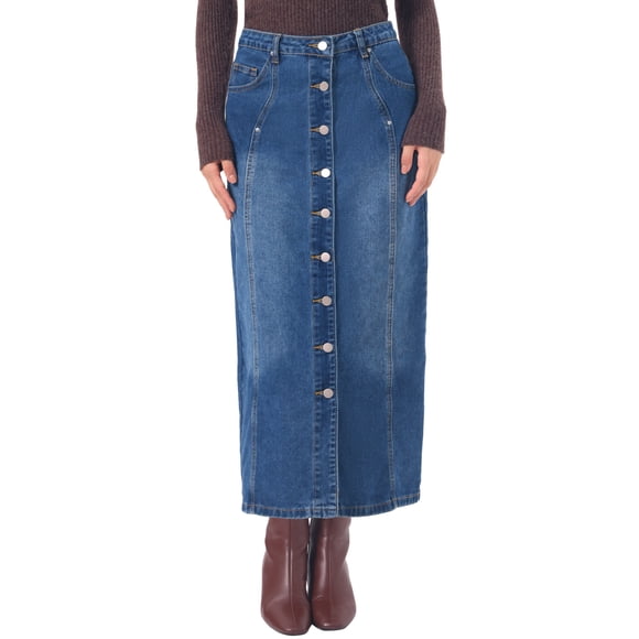Falda de Mezclilla INSPIRE CHIC para Mujer Largo Midi Abotonada Línea H Falda Larga de Jean XL Azul