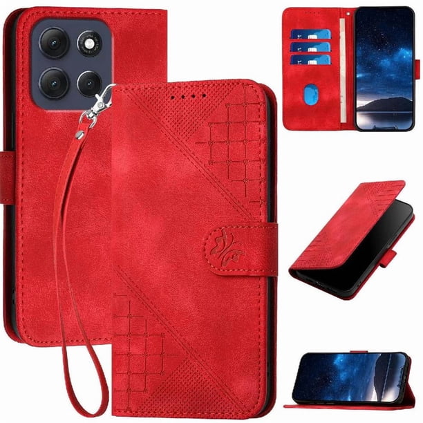 Funda Flip Premium Fibra de Carbono para Motorola MOTO G86 Power con Soporte y Cierre Rojo