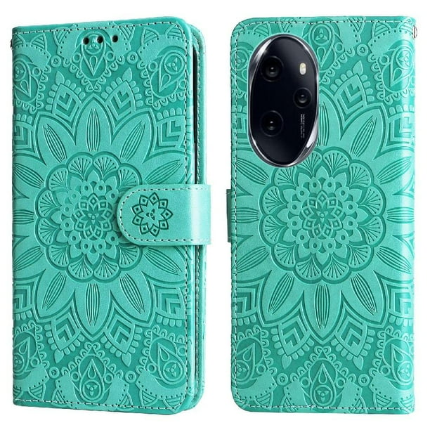 Funda tipo cartera FOXDOCK para Honor 100 Pro , diseño girasol en relieve, cuero PU, cierre magnético, soporte y tarjetero