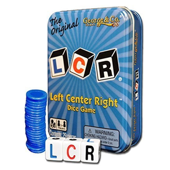 Lata azul para juego de dados LCR, centro izquierdo, centro derecho, con 24 fichas
