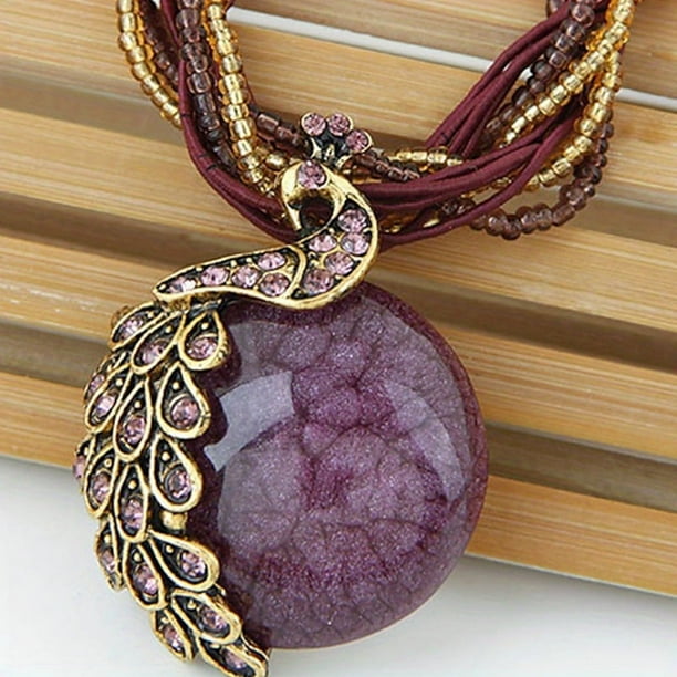 Bohemian Ethnic Style Retro Leaf Peacock Gemstone Pendant Necklace For Women Girls