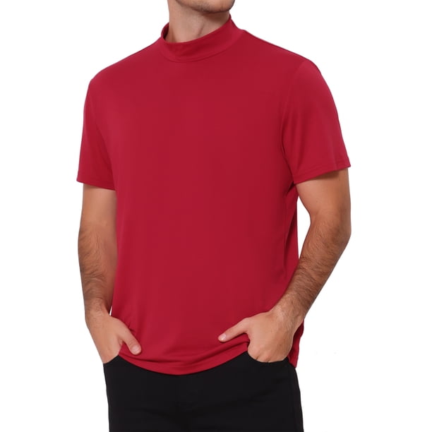 INSPIRE CHIC Camiseta de Hombre Cuello Mock Manga Corta Sólida Ligera de Algodón Casual Talla 3XL Burdeos