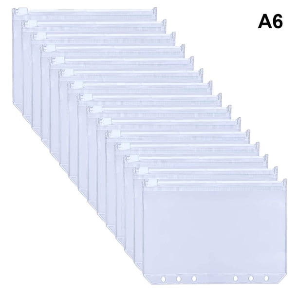 Paquete de 15 bolsillos A5 para carpetas, de PVC transparente, con 6 orificios y cremallera, impermeables, para guardar dinero y presupuesto.