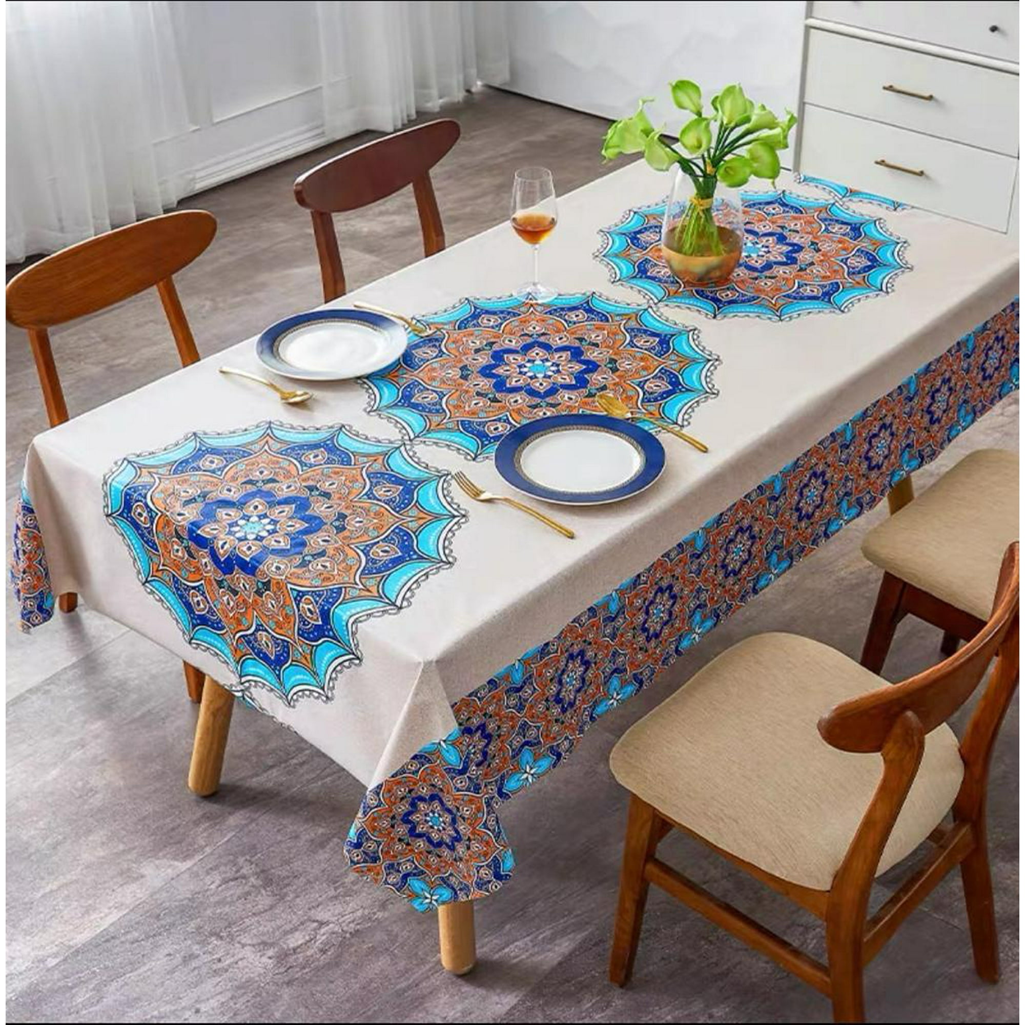 Genérico - Mantel Rectangular Antimanchas 140 X 230 Cm - Crema Mándalas Hindúes