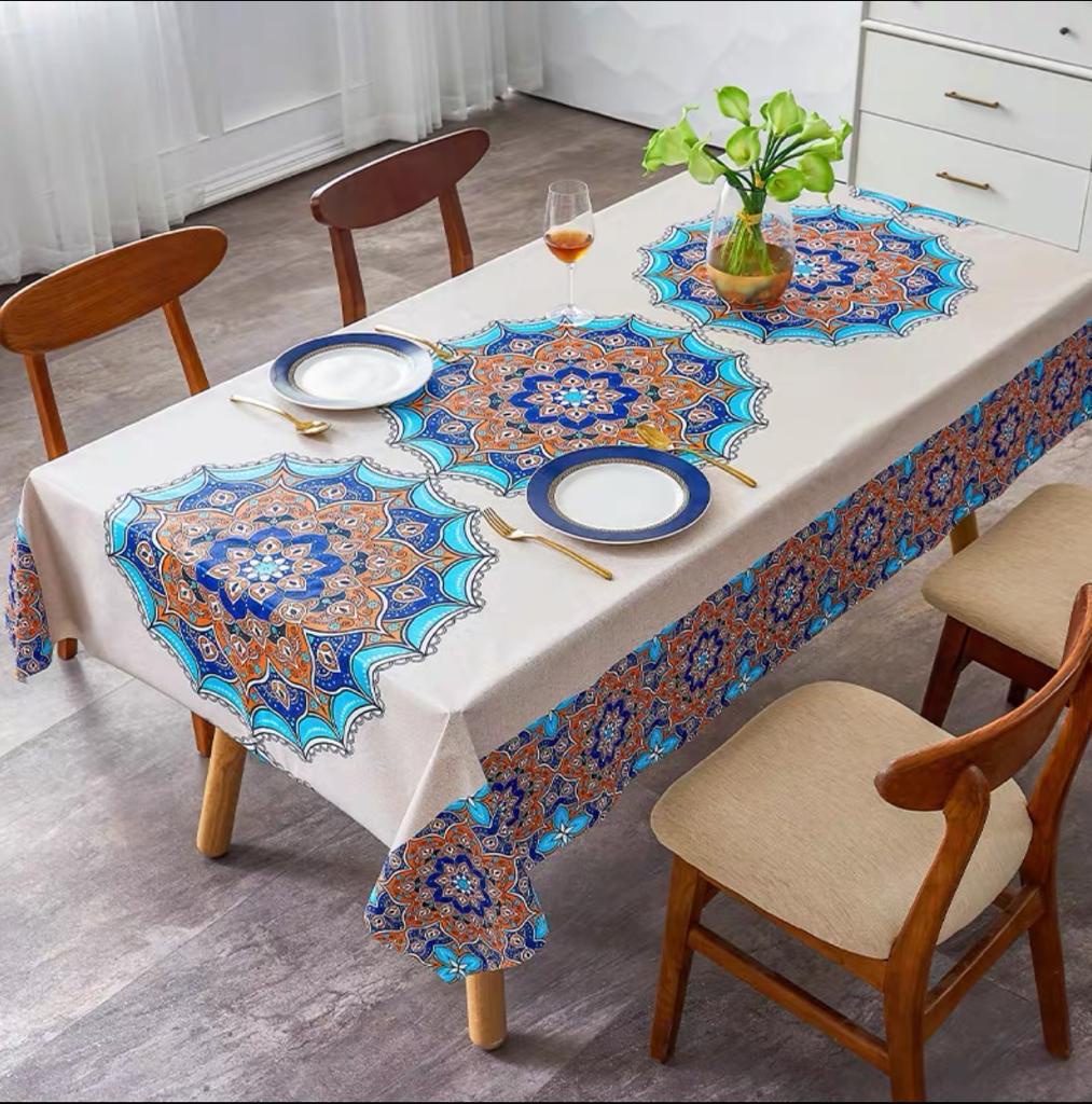 Genérico - Mantel Rectangular Antimanchas 140 X 230 Cm - Crema Mándalas Hindúes