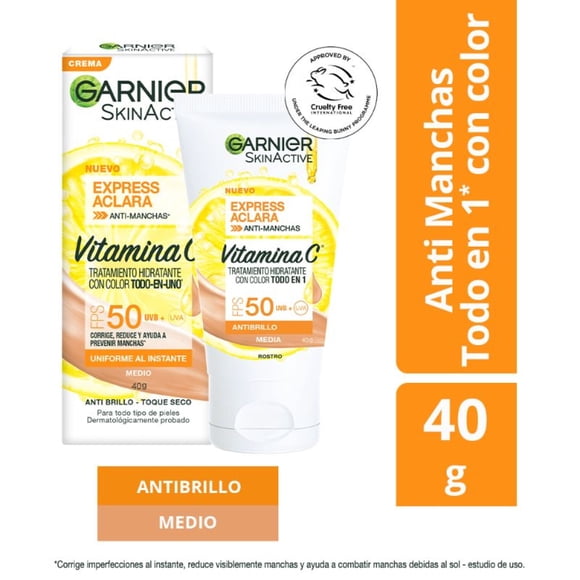 Crema Garnier Hidratante Express Aclara Tono Medio, 40 g