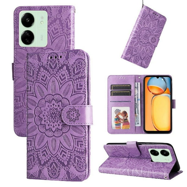 Funda tipo cartera FOXDOCK para Xiaomi Redmi 13C 4G , diseño girasol en relieve, cuero PU, cierre magnético, soporte y tarjetero