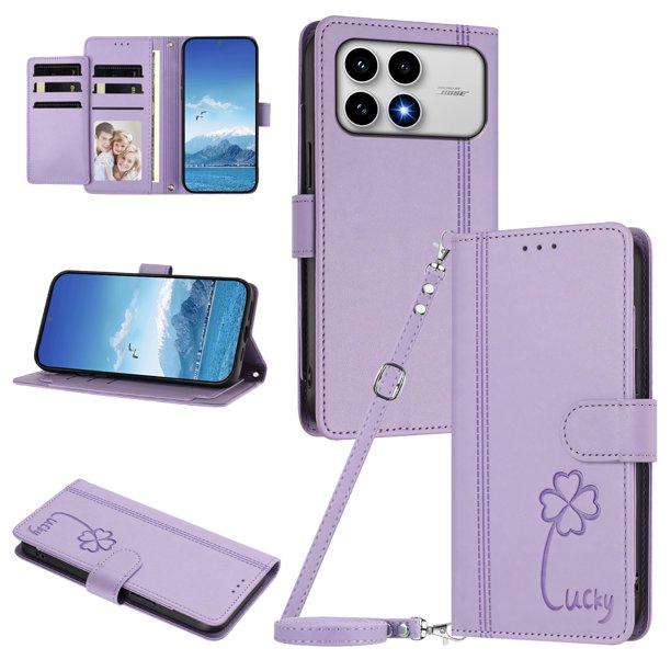 Funda Cartera Trébol para Xiaomi Poco F8 Pro con Ranuras Tarjetas y Carga Inalámbrica Morado claro