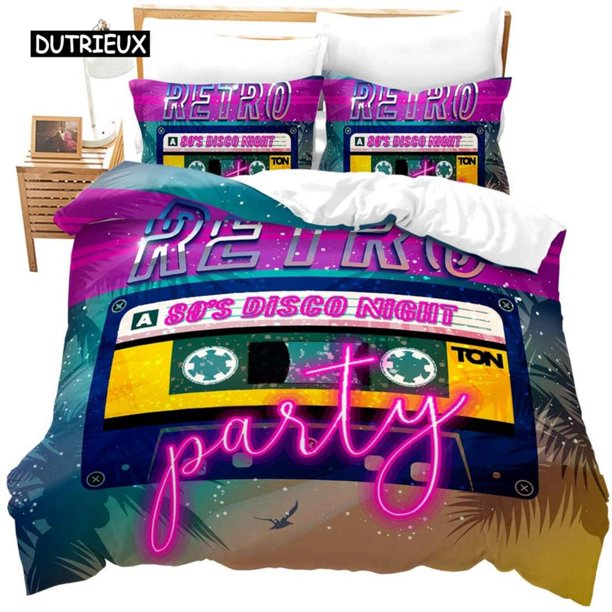 x2308 Bed SheetsRetro Duvet Cover Set Disco Night Bedding Set for Boys Girls Cassette Tape Party Comforter Cover Soft Polyester Quilt Cover 3-Piece Bedding Set (1 Duvet Cover + 2 Pillow Shams) nj2308