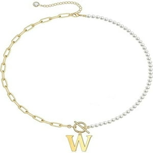 Collar Heshpaws Gold Initial Pearl 14K Gold Plated Paperclip Link Chain A-Z