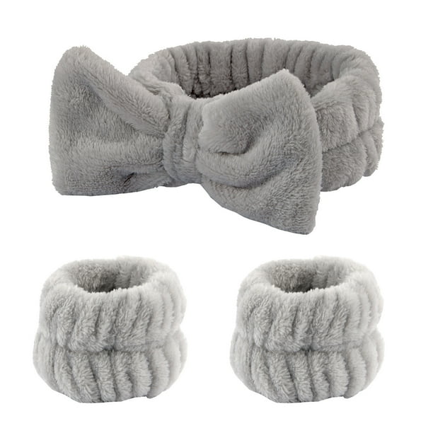 3-Piece Spa Headband & Wristband Set: Super Cute & Soft Elastic Bow Headbands for Women & Girls - Highly Absorbent for Washing Face, Shower & Make Up
