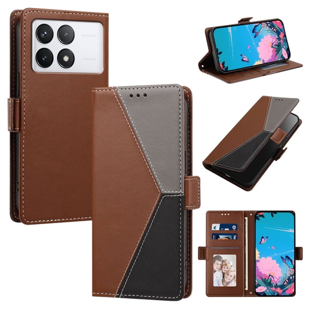 Funda con Solapa para Xiaomi 14T Pro, Diseño Tricolor con Ranuras, Marrón