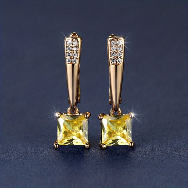 Square Cut Black Stone Emerald Earrings 18K Gold Plated Ornament For Women Daily Decor Jewelry
