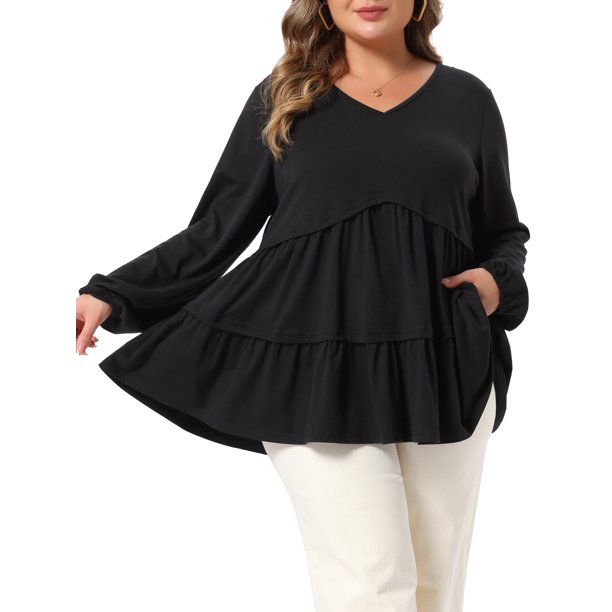 Agnes Orinda Conjuntos de Halloween Blusas Babydoll para Mujer de Talla Grande con Volantes en Capas Escote en V Mangas Largas con Puño Elástico Blusas Elegantes de Otoño 2X Negro
