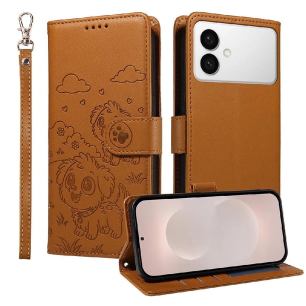 Funda Cartera para Samsung Galaxy S26 Edge Perro Cachorro Grabado con Tarjetas Soporte Correa Marrón