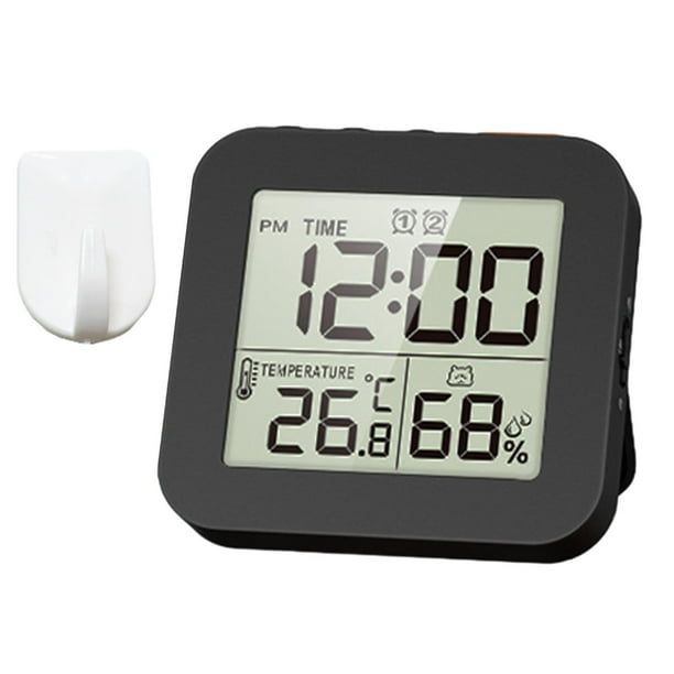 Reloj despertador digital Reloj de baño digital Reloj de noche portátil colgante con modo de repetición Pantalla de temperatura para la oficina en cas 1 gancho negro.
